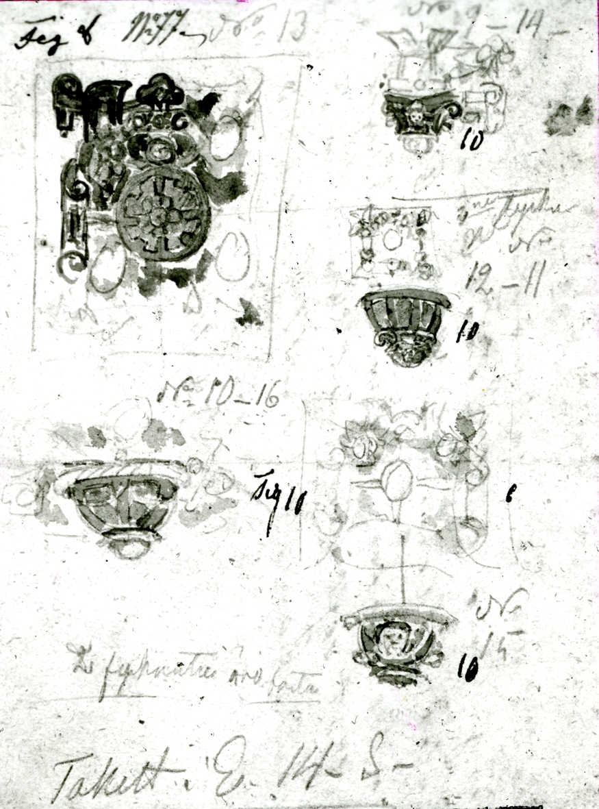 Kalmar slott: Kungsmaket skisser av Nils Månsson Mandelgren 1848. Kassettaket.
På vissa plåtar har Martin Olsson klistrat eltejp för att markera hur bilden skulle beskäras i boken.