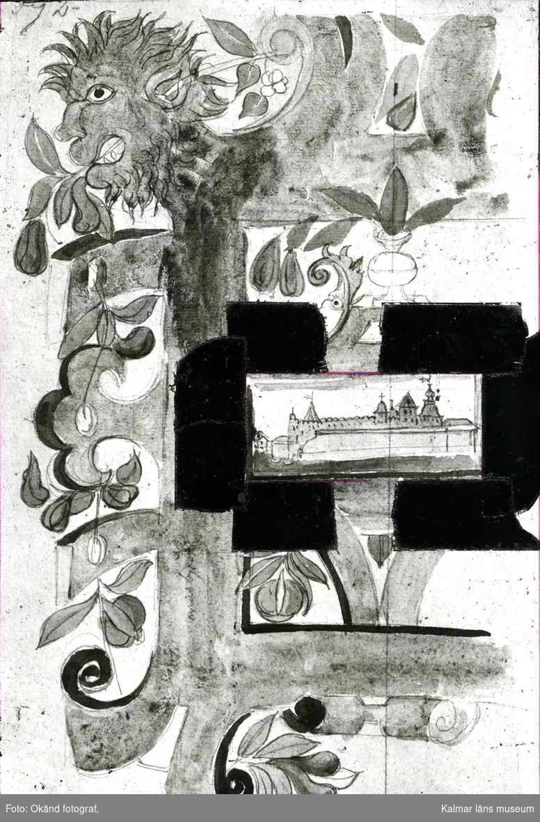 Kalmar slott: Kungsmaket jämför med bild KLMF.MO00593. Enligt Nils Månsson Mandelgren 1848 samma motiv. Väggmålning.
På vissa plåtar har Martin Olsson klistrat eltejp för att markera hur bilden skulle beskäras i boken.