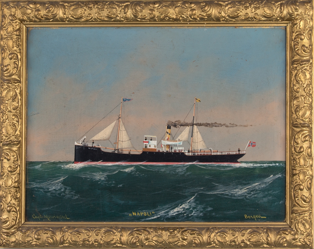 Skipsportrett av DS NAPOLI under fart i åpen sjø med seilføring. Fører norsk flagg akter, vimpel med skipets navn og rederiflagg. Ser tilsammen 8 personer på skipets dekk og bro.