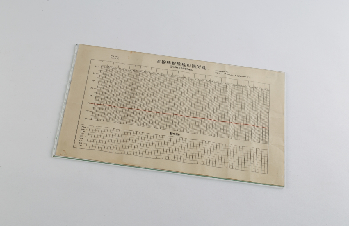 Papirark med påtrykt tabell for registrering av feber og puls.