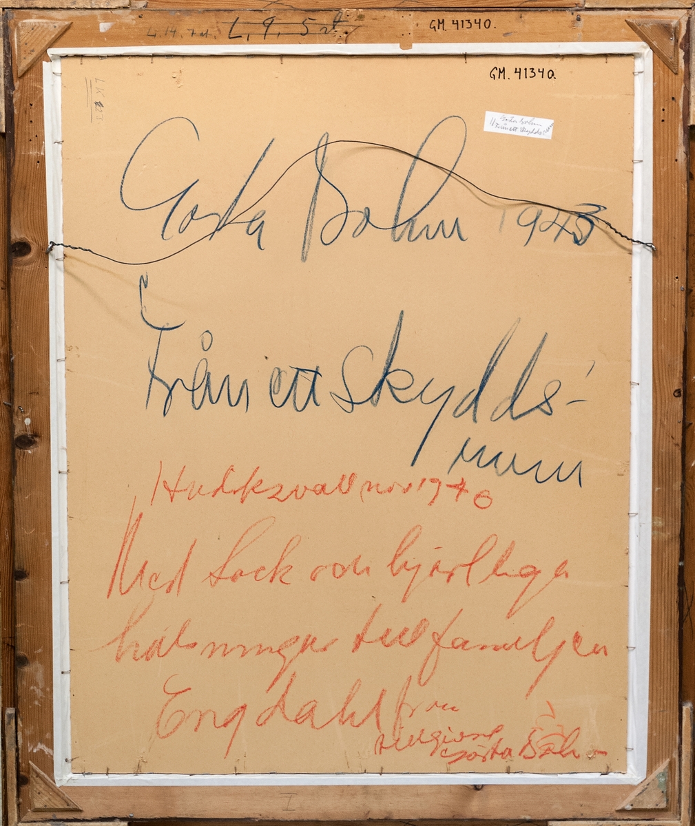 Pastell och krita, "Från ett skyddsrum", Gösta Bohm, 1943.
Baksidan har påskriven dedikation med röd krita: 
"Hudiksvall nov 1940. Med tack och hjärtliga hälsningar till familjen Engdahl från tillgivne Gösta Bohm. " Årtalet 1940 kan också vara 1946. Baksidans pappskiva kan också vara återanvänd.
Motivet anknyter till krig, andra världskriget, Förintelsen, judarnas situation.
