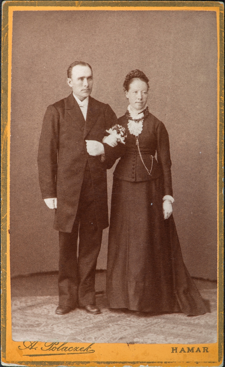 Ringsaker, Furnes, Jessnes, Brudepar. Gønner Bårdsen Jesnes og Andreas Jesnes. Jessnes Øvre. Brudebilde. Svart brudekjole. Giftet seg 13.06.1884.