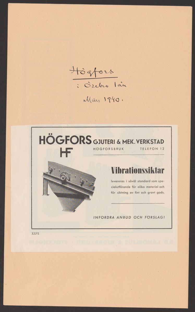 Högfors bruks kronologi.
Ur Carl Sahlins bergshistoriska samling.