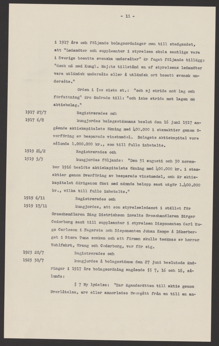 Karlsdals bruks kronologi.
Ur Carl Sahlins bergshistoriska samling.