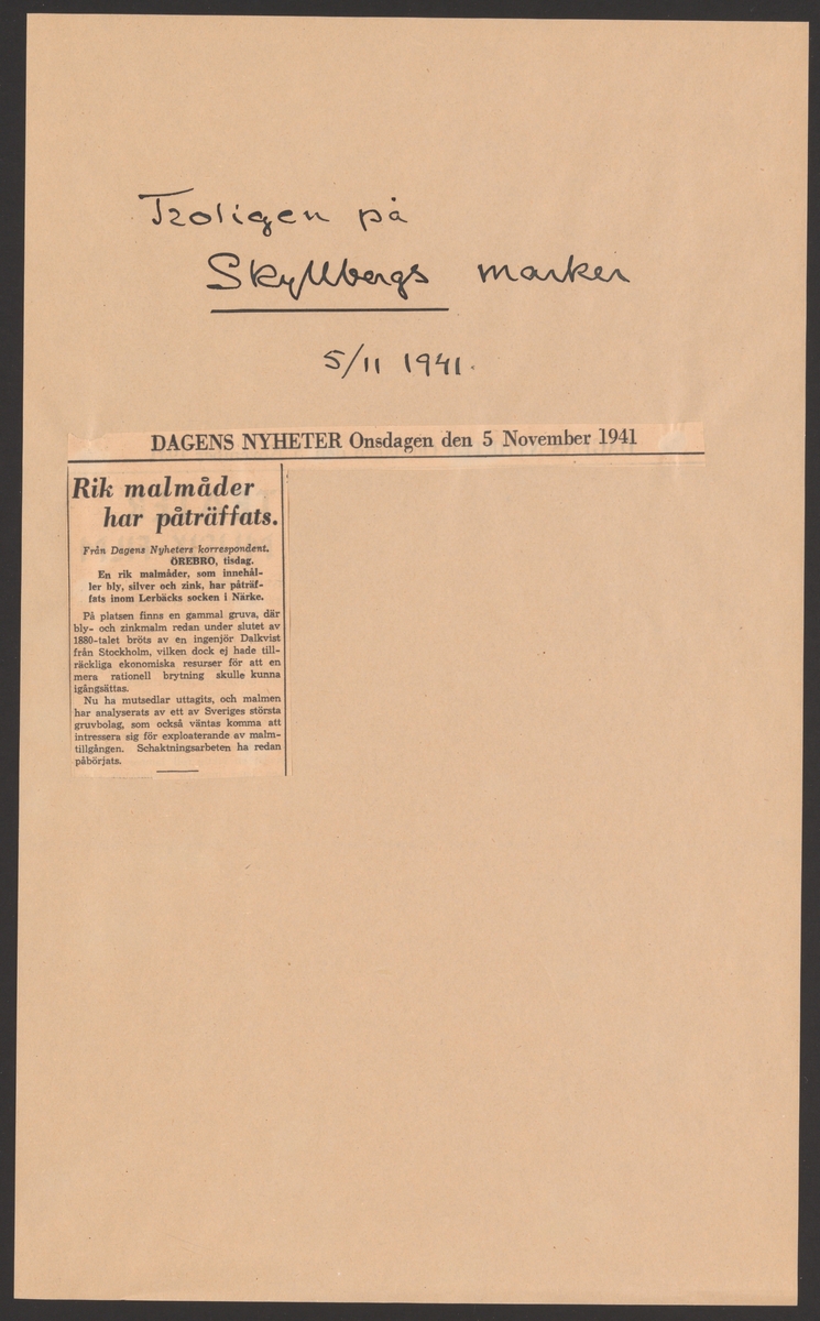 Skyllbergs bruks kronologi.
Ur Carl Sahlins bergshistoriska samling.