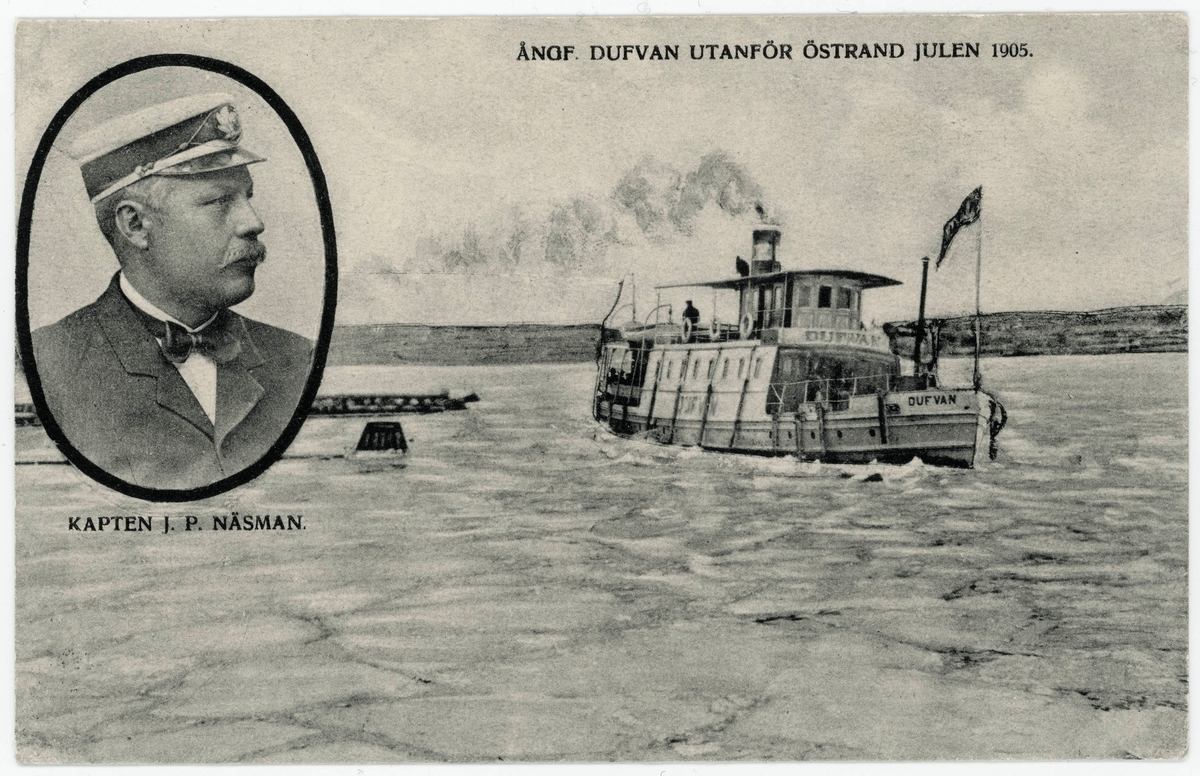 Passagerarångbåten Dufvan utanför Östrand julen 1905. Kaptenen J. P. Näsman är infälld i bilden. Båten hette tidigare Sjöfröken och köptes till Sundsvall 1900 av Gustaf Fröberg som lät modernisera henne. Det blev den första båt i Sundsvall som hade elektrisitet ombord. 1901 övertogs hon av Sundsvall-Klingerfjärdens ångfartygs AB och gick då mellan Sundsvall och Söråker. Den var känd för att dra upp stora svallvågor efter sig. Efter 16 år i Sundsvall såldes hon till Härnösand och byggdes om till bogserbåt. J P Näsman var kapten fram till 1916. Styrman mellan 1915-16 var J A Åström.