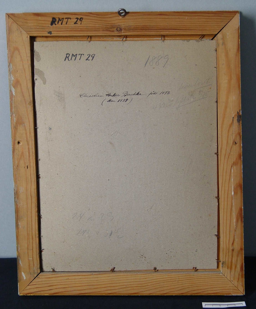 Oljemaleri på papp. Gullramme. Forestiller Chr. A. Bachke.