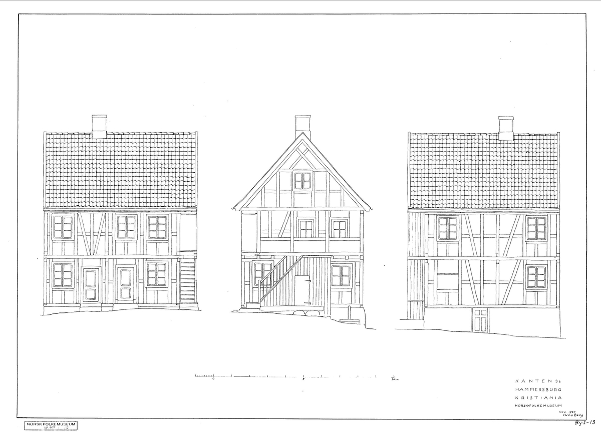 1800
Huset er oppført i utmurt bindingsverk og har to etasjer og loft. I første etasje var det en leilighet som besto av stue, kjøkken og kammers, i annen etasje en leilighet på tre rom og kjøkken. I 1891 eide den 50 år gamle kommandersergeant Hans Andersen gården. Han bodde  i leiligheten i annen etasje sammen med kone og tre sønner, som var hhv bokbindersvenn og malersvenn. I første etasje bodde lagerformann med fire mindreårige barn. Husholdet besto ellers av tjenestepiken Nicoline Amalie og Anne Marie Larsen Due som var sypike og losjerende. Anne Marie var delvis forsørget av fattigvesenet. 

Norsk folkemuseums guidebok,  1996