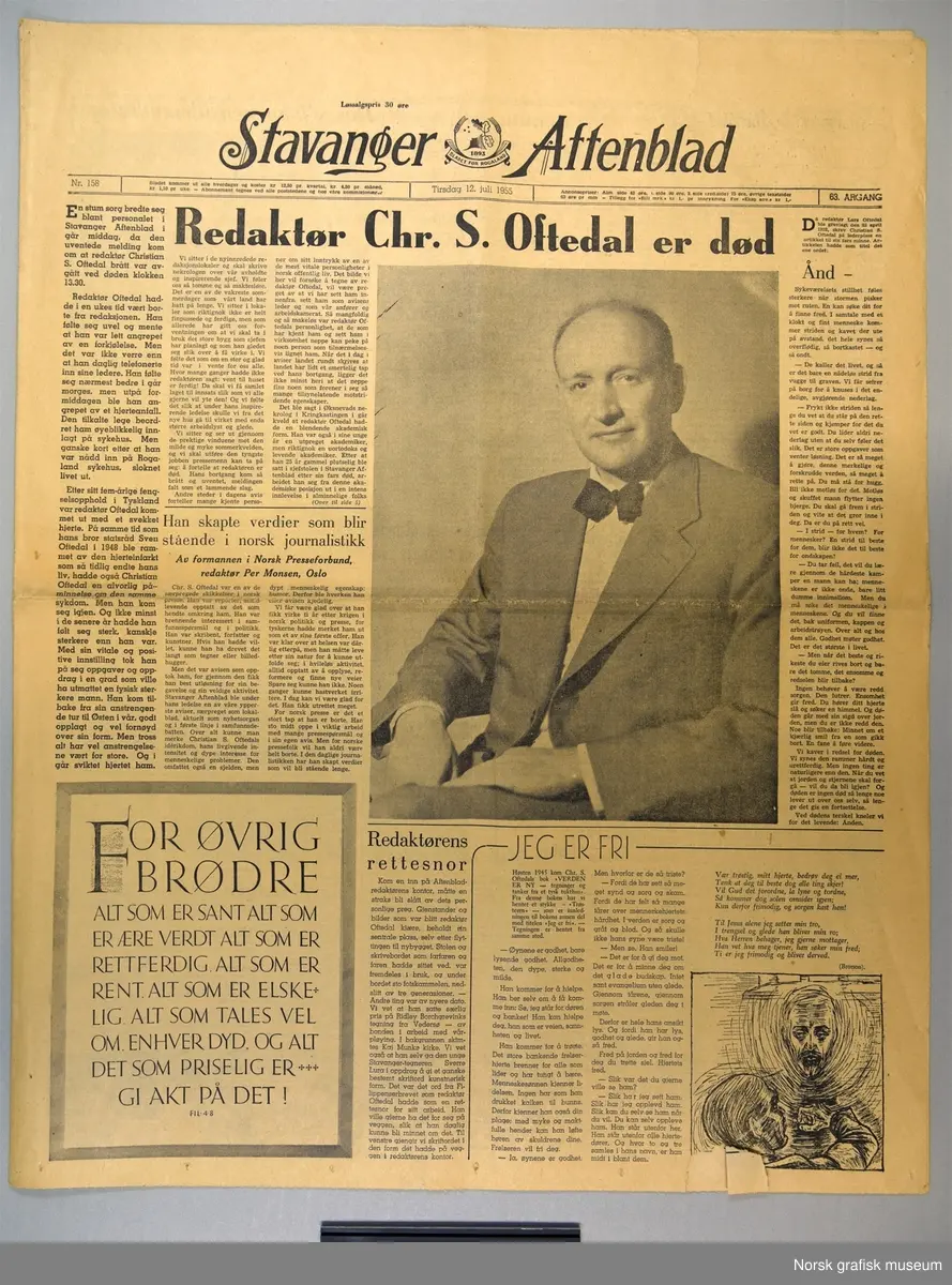 Stavanger Aftenblad 12.7.1955. Redaktør Chr. S. Oftedal er død.