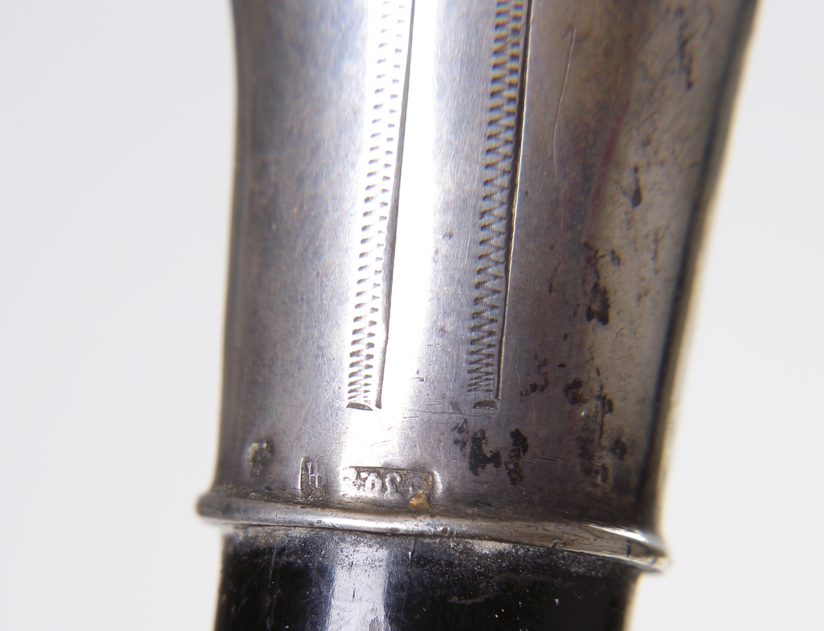 Käpp, s.k. spatserkäpp.
Svarvat, svartlackerat trä. Krycka och skoning av silver. Kryckan försedd med gravyr i nyempire och monogram: "A.A.". Stämplar (något otydliga) längs nedre kanten av kryckan.