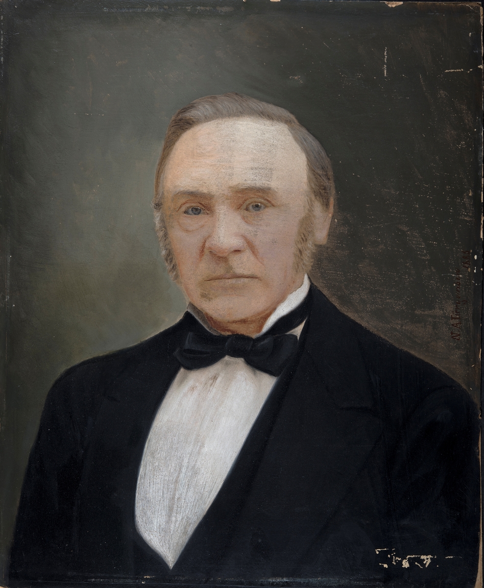 Portrett av banksjef Chr. F. Platou. Banksjef i Oplandaske creditbank fra 1877-1883. Brystbilde, en face, vendt svakt mot venstre. Svart jakke og ves, svart sløyfe i halsen over hvit skjorte. Brunlig bakgrunn.
