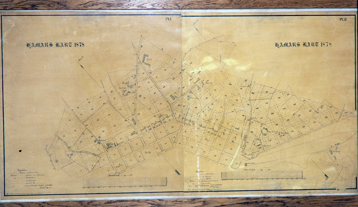 Hamar kommune, kart over Hamar by i 1878, bebyggelse med kvartalsnummer og gatenavn,