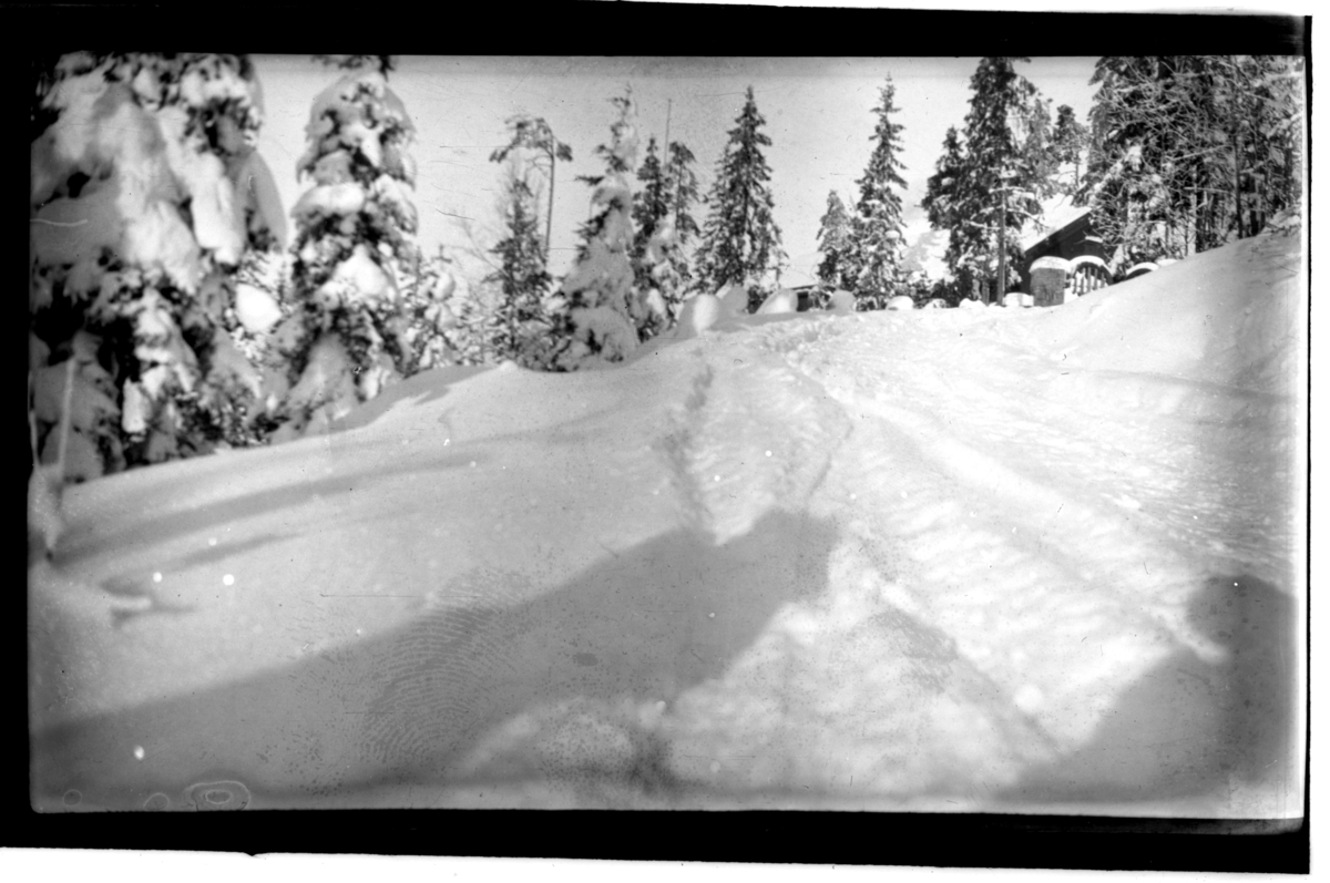 En snøkledd Gjøkbakken med Villa Knyggen i bakgrunn. Fotografert 1918-1919.