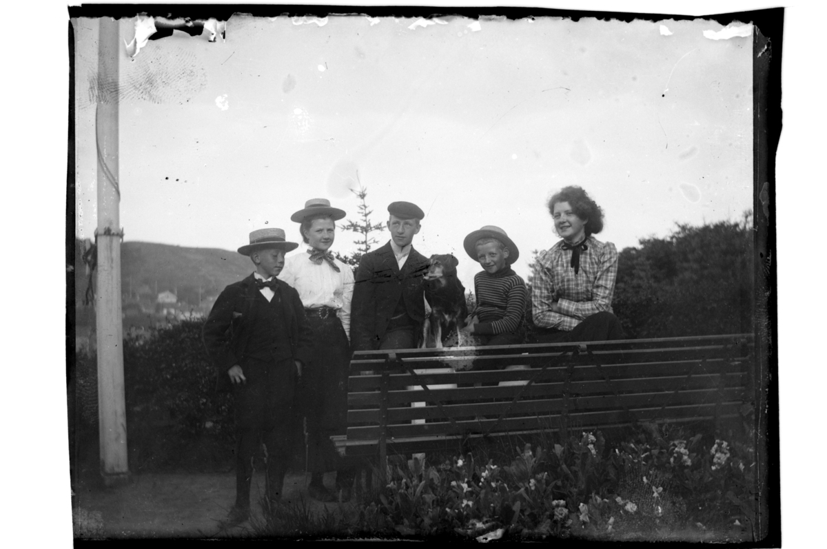 Fem søsken Sundt samlet ved en hagebenk med hunden i midten. Fra venstre Lauritz, Alfhild, Rolf Sr., Peter B.D. og Anna. Antagelig fotografert 1904.