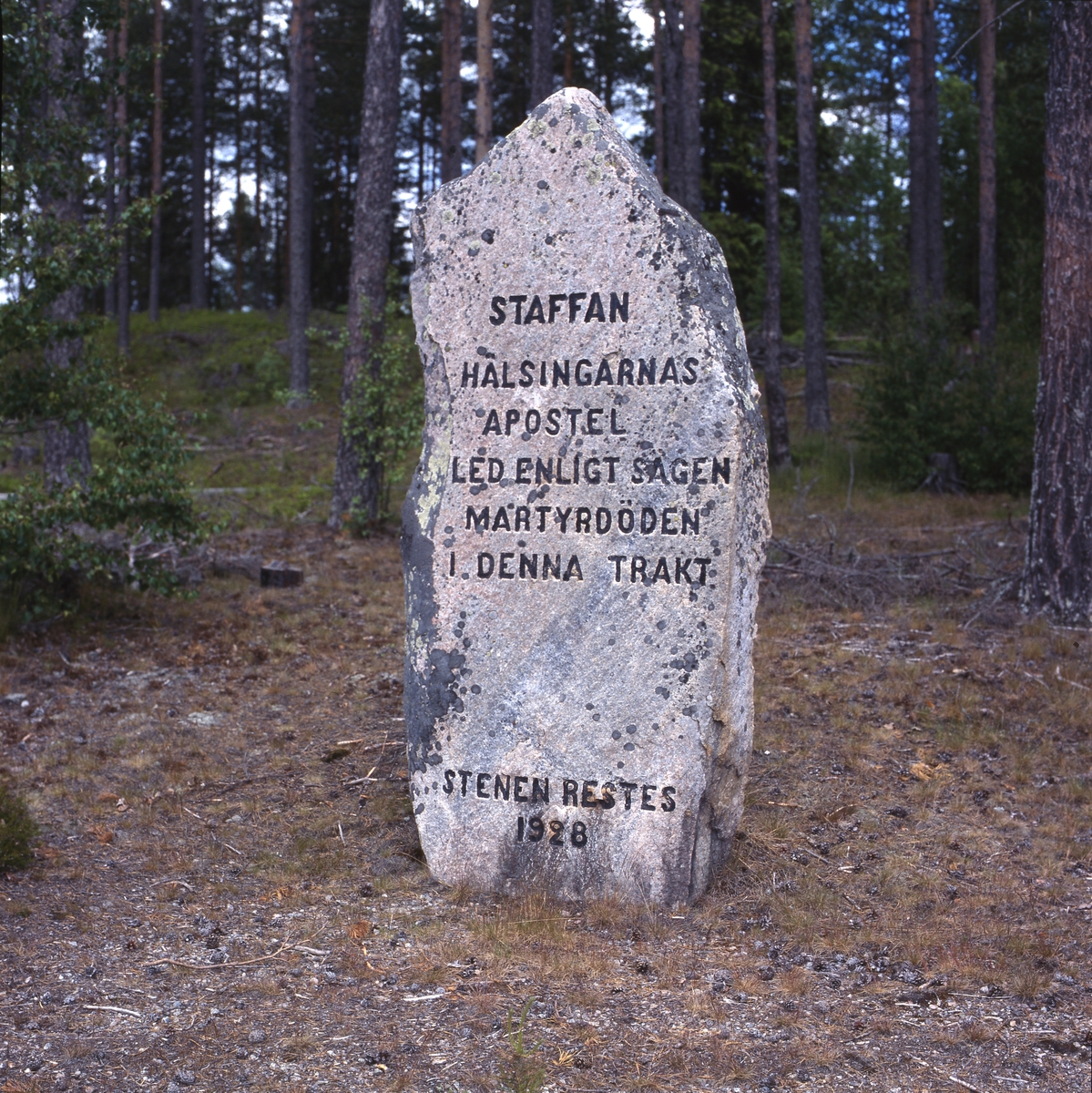 Staffansstenen med inskriptionen "Staffan hälsingarnas apostel led enligt sägen martyrdöden i denna trakt. Stenen restes 1928". Själstuga, maj 2001.