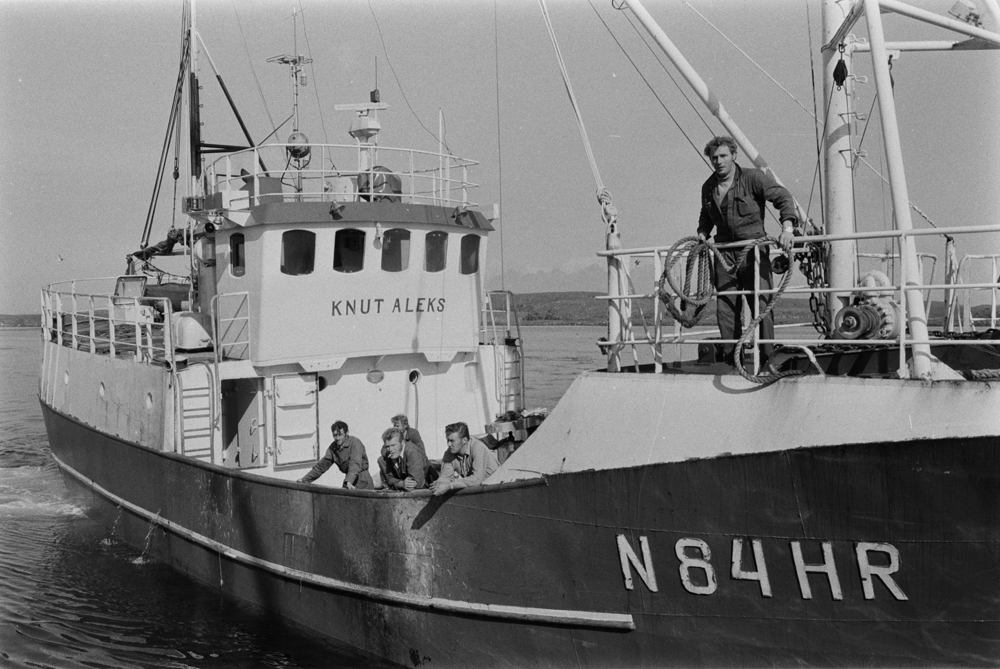 Båten Knut Aleks kommer til kai i Husvær. Mannskapet på dekk, en mann klar med trossa.