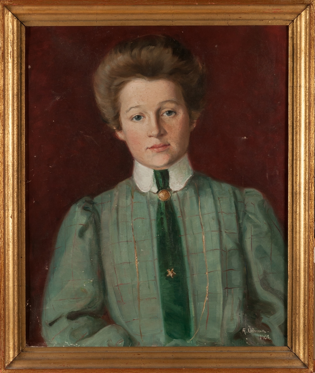 Målning av Elly Neubeck, 1908, svägerska med konstnären. Gift med Per Olof Tycho Ödman 1908. Paret hade döttrarna Märta (1915-2010) och Ingrid (1917-2014).