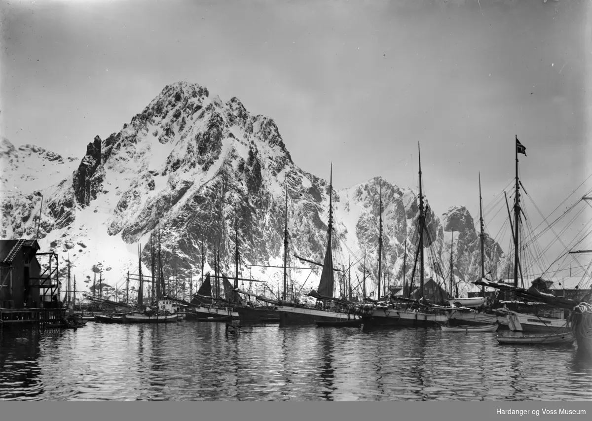 Jakter og fiskebåtar i Svolvær, med Svolværgeita i bakgrunnen