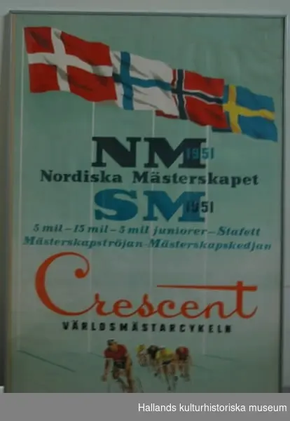 Inramad affisch. Text: "NM 1951 Nordiska Mästerskapet SM 1951". Lapp på ramen märkt: "550:-".