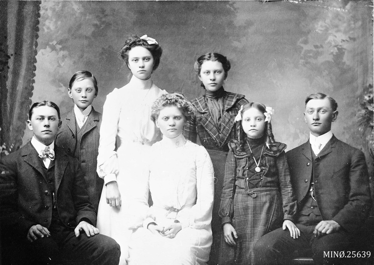 Familiebilde. Barna til Barbro og Ole G. Haugan. Fra venstre: Martin, Oscar, Mary, Sophia (brud), Clara, Selma og Gunnar.