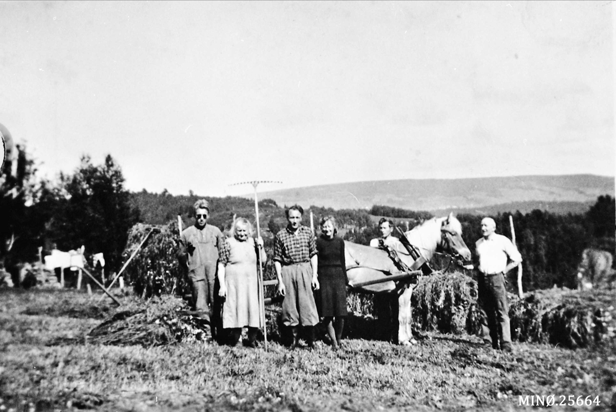 Slåttonn. Karstein N., Anne Marie N., Jorulf Arvid, Åsta Hernes, Erling N., Oddvar Nyaas. Merra hette Frøya. 