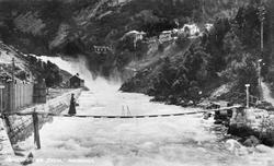 Gurine Gripp på tur på hengebroa over Tysso.