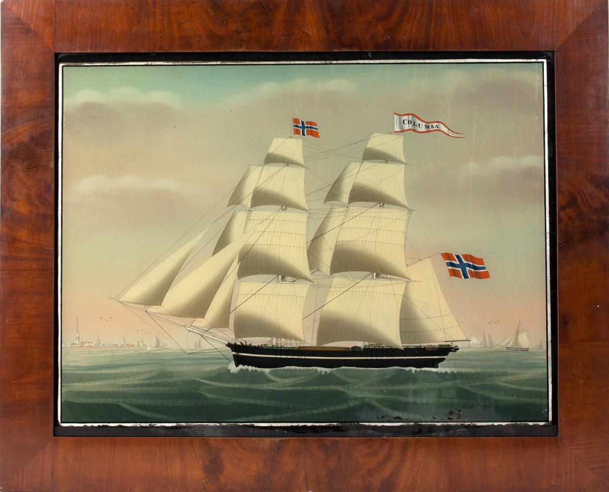 Underglassmaleri av brigg COLUMBA. Til venstre i motivet sees vindmøllene ved den nederlandske byen Vlissingen. Skipet fører rent, norsk flagg på fortoppen, og navnevimpel på mesanmasten. Til høyre i motivet sees flere mindre skip i horisonten. 7 mann på dekk.