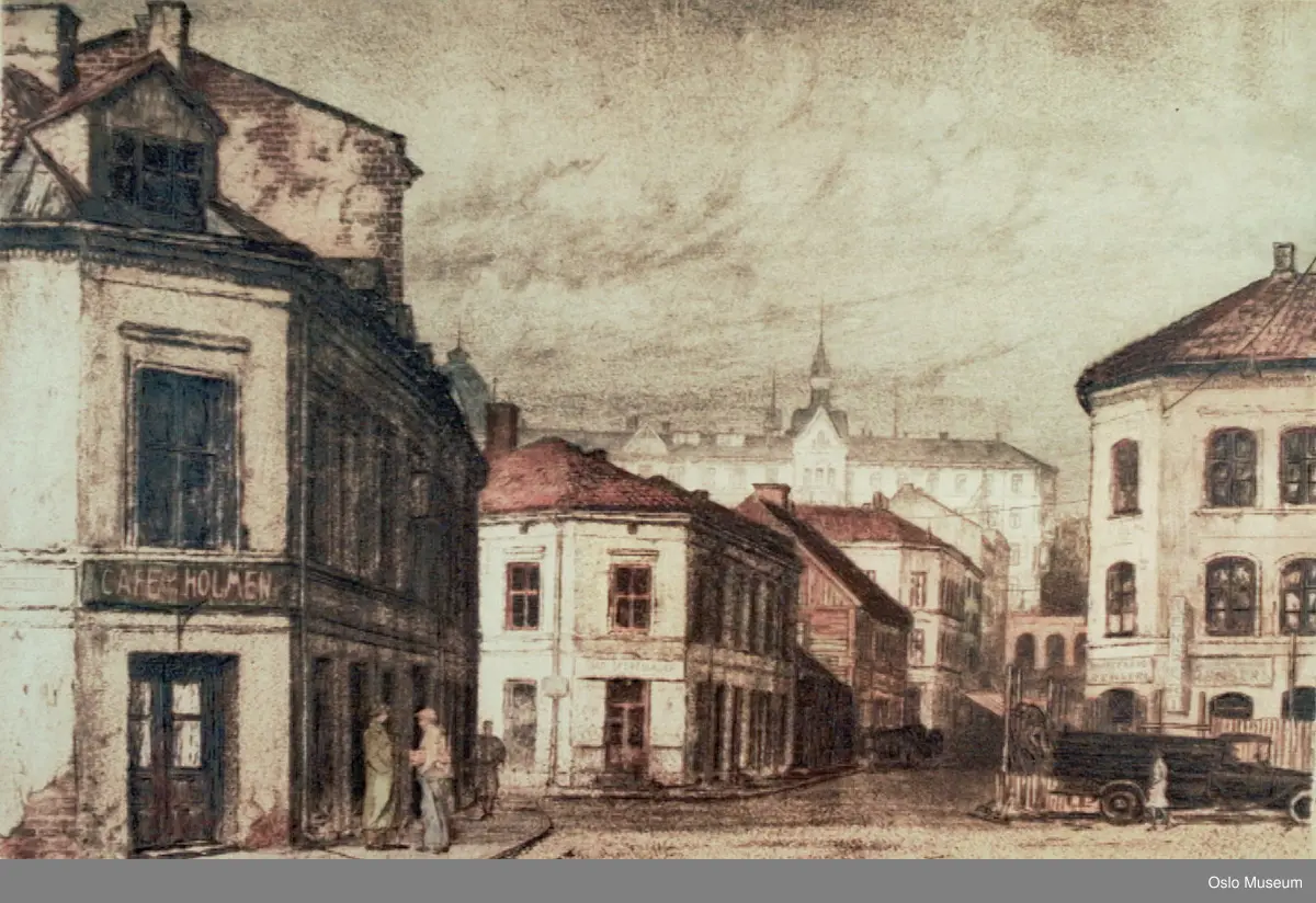 arkitektur, gateparti, kafe, folkeliv, hjørnegård, bil