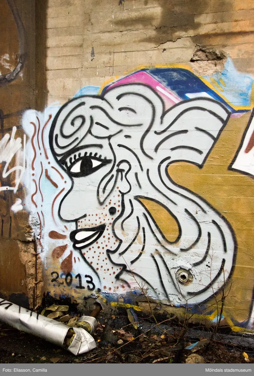 Graffiti på pappersbruket Papyrus fabriksområde i Forsåker, Mölndal, den 4/11 2014. Fotodokumentationen gjordes under perioden mellan pappersbrukets avveckling och områdets nyexploatering. Området var under denna tid populärt bland ungdomar som ville uttrycka sig konstnärligt med graffiti.