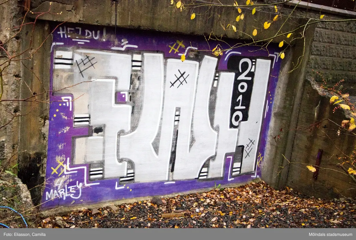 Graffiti på pappersbruket Papyrus fabriksområde i Forsåker, Mölndal, den 4/11 2014. Fotodokumentationen gjordes under perioden mellan pappersbrukets avveckling och områdets nyexploatering. Området var under denna tid populärt bland ungdomar som ville uttrycka sig konstnärligt med graffiti.