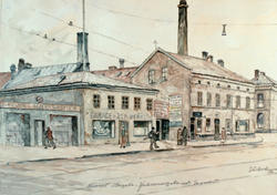 Hjørnet Storgaten-Hausmannsgaten med Gasverket. [papirkunst]