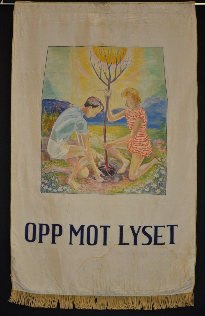 Forside: skjold m/bysilhuett og trær.  Bakside: Gutt og jente som planter et tre, sol og blomster. 
Når det gjelder motivet på baksiden kan kunstnerens sønn fortelle at det bygger på Edvard Munchs maleri                "Historien". Der sitter en liten gutt og en eldre mann under kunnskapens tre.  Siden det motivet var opptatt, hentet faren to barn i gata som satt modell. De planter kunnskapens tre - opp mot lyset.