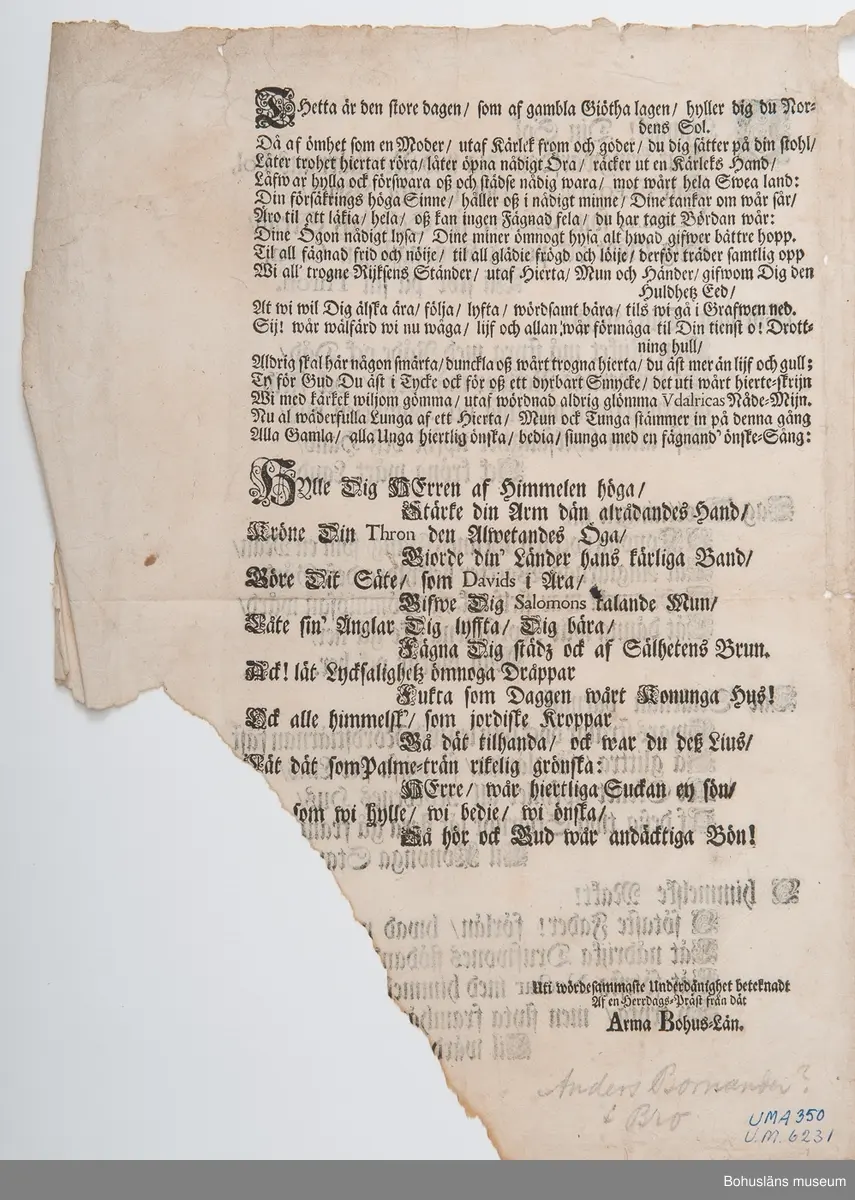 Fyrasidigt tryck på linnepapper. Text i frakturstil med större dekorerade enfanger och illustrationer, bl.a. tre kronor. På sidan 2 verser placerade i en solstråleform.

På första sidan texten:
"Swänska Norstiärnans 
Fägnesamma Åskådande /
Då
Hennes Kongl. Maij:tt 
Sweriges / Giöthes ock Wändes &c. &c. 
Stormäktigste / Allernådigste Drottning /
VLRICA
ELEONORA,
Samtel. Rÿjksens Ständer 
Hyllades 
I
STOCKHOLM, 
den 11. April, Anno 1719.
STOCKHOLM, 
Tryckt hos JOH. L. HORRN, Kongl. Antiquit. Archiv. Boktr"

Följande tre sidor med hyllningar på vers, t. ex.: "Thetta är den store dagen / som af gambla Giötha lagen / hyller dig du Nordens Sol".

Hyllningstexten avslutas på fjärde sidan med följande underskrift:
"Uti wördesammaste Underdånighet beteknadt
Af en herrdags-präst från dät
Arma Bohus-Län"
[Herrdag = närmast en äldre form av ordet "riksdag".]

Ur handskrivna katalogen 1957-1958:
Dokument 1719
"Ulrika Eleonora hyllades i Stockholm den 11 April, Anno 1719". Ngt trasigt. Inramat; mått: 42 x 59,5 cm.