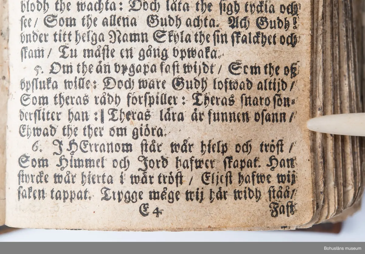 Psalmbok, frakturstil, linnelumppapper, svenska, 403 sidor samt register, duodecimo (12:o). 1695 års psalmbok, 413 psalmer. Trasig.
Samtida helfranskt skinnband med fem lätt upphöjda bind, pärmfyllnad av trä. Skinnet präglat i dekorativt mönster, liknande på fram- och baksida. Dekortivt ramverk, i övrigt heltäckande dekor med textband på mitten, oläsligt. 
Denna slags inbindning användes gärna då psalmboken skänktes som trolovningsgåva.
Rester av två bokpärmsbeslag; fragmentariska skinnband och metallspänne på det nedre. Främre pärmen lagad längs del av de båda kortsidorna med hamrat kopparband, bakre pärmen har hamrat kopparband nertill på kortsidan.
På första sidan handanteckning med uppgifter om ägare och årtalet 1735.

Psalmboken sammanbunden med evangelie- och epistelbok; Evangelia och epistler, 274 sidor.
Cib