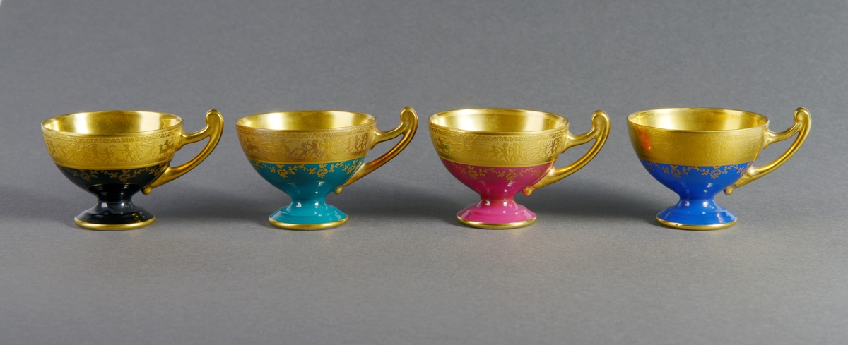 Gullkanten øverst på korpus er dekorert med en scene hvor mennesker danser, løper med dyr, rir, sykler og spiller på instrument. Under denne kanten er koppen dekorert med rose- og bladmønster i gullfarge over det kulørte.