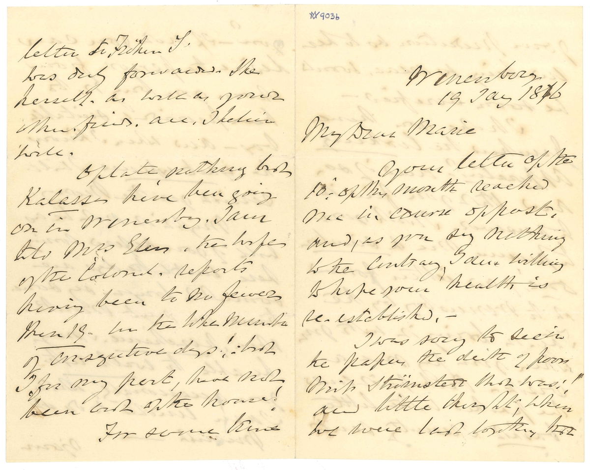 Brev till Marie Lloyd från Llewellyn Lloyd:

"Wenersborg 19 Jany 1876
My Dear Marie
- Your letter of the 10- of this month reached me in sourse of post, and, as you say nothing to the contrary, I am willing to hope your health is re-established.-
I was sorry to see in the paper the death of poor Miss Strömstedt that was:! and little thought, when we were last together, that your prediction as to her end being so near. would be soon verified -
I hope you have purchased the Cooking Apparatus? and if so, and that you find it to answer, I wich you to procure me a similar one!,- and either forward it to Wenersborg by the Tåg. or bring it with you when you pay me av visit- Perhaps it could be packed in the little basket I recently sentyou? - If not you can desire the person from whom you buy it, to provide a suitable box - and when I know the exact expense I will remit you the Money.
Might it not be as well if you defered coming here until the days are somewhat onger. say some time in nest Month. when, perchance. I may be avler to walk with you occasionally, which I am unable to do at present -
Your letter to fröken S. was duly forwwarded. She herself. as well as your other. friends. are. I belieive well.
Of late, nothing bur Kalasses have been going on in Wenersborg, I am told Mrs Elers, the wife of the Colonel, reports having been to no fewer than 19- in the like Number of consequtive days!,: but I for my part, have not been out of the house!
For some time past. Henriette has removed into the Room adjoining to Mine.- and. at a comparative small outlay We both now find ourselves warm and comfortable. When you pay me a visit. however. you of course - should you so wish it., can occupy the corner Room though, truth told, it, during severe weather; is cold and comfortless.
Joan desires her duty to you. She talks of leaving my servide
With best wishes
BeleiveMe Affectionalely
L Loyd"

Tillaft med blyerts:
"Älskade gamle pappas 3 sidsta bref från hemmet."

Detta blad har suttit ihop med första bladet av VM09035.

Lloyds enda piga enligt husförhörslängden för kvarteret Rosen 1870-81, s. 402 hette Anna Beata Gabrielsdotter. Hon avflyttade till Göteborg 1877.
Johanna Sofia Wennermark hade flyttat till samma stad 1870, och Josefina Nor(d)berg flyttade till Stockholm 1874.