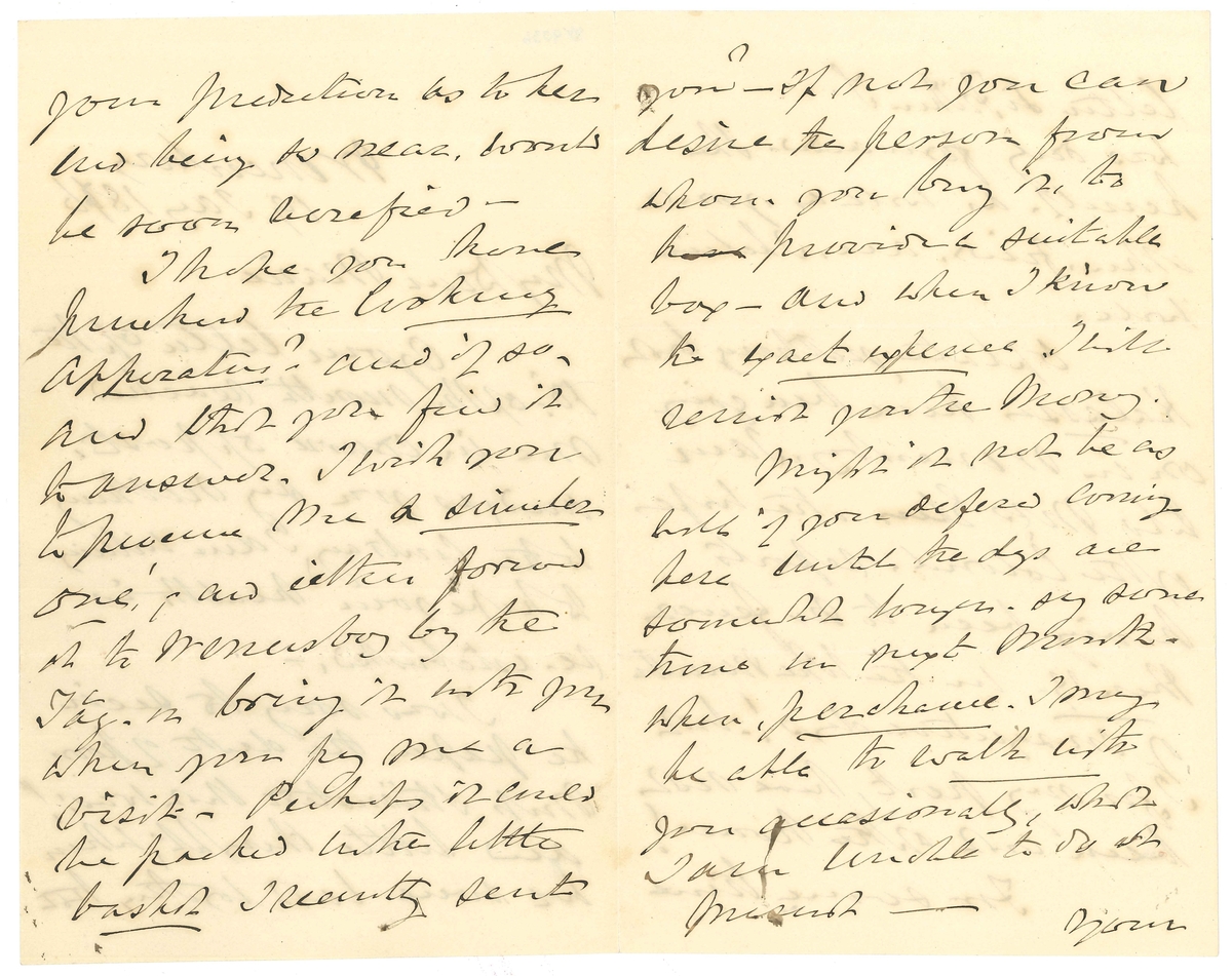 Brev till Marie Lloyd från Llewellyn Lloyd:

"Wenersborg 19 Jany 1876
My Dear Marie
- Your letter of the 10- of this month reached me in sourse of post, and, as you say nothing to the contrary, I am willing to hope your health is re-established.-
I was sorry to see in the paper the death of poor Miss Strömstedt that was:! and little thought, when we were last together, that your prediction as to her end being so near. would be soon verified -
I hope you have purchased the Cooking Apparatus? and if so, and that you find it to answer, I wich you to procure me a similar one!,- and either forward it to Wenersborg by the Tåg. or bring it with you when you pay me av visit- Perhaps it could be packed in the little basket I recently sentyou? - If not you can desire the person from whom you buy it, to provide a suitable box - and when I know the exact expense I will remit you the Money.
Might it not be as well if you defered coming here until the days are somewhat onger. say some time in nest Month. when, perchance. I may be avler to walk with you occasionally, which I am unable to do at present -
Your letter to fröken S. was duly forwwarded. She herself. as well as your other. friends. are. I belieive well.
Of late, nothing bur Kalasses have been going on in Wenersborg, I am told Mrs Elers, the wife of the Colonel, reports having been to no fewer than 19- in the like Number of consequtive days!,: but I for my part, have not been out of the house!
For some time past. Henriette has removed into the Room adjoining to Mine.- and. at a comparative small outlay We both now find ourselves warm and comfortable. When you pay me a visit. however. you of course - should you so wish it., can occupy the corner Room though, truth told, it, during severe weather; is cold and comfortless.
Joan desires her duty to you. She talks of leaving my servide
With best wishes
BeleiveMe Affectionalely
L Loyd"

Tillaft med blyerts:
"Älskade gamle pappas 3 sidsta bref från hemmet."

Detta blad har suttit ihop med första bladet av VM09035.

Lloyds enda piga enligt husförhörslängden för kvarteret Rosen 1870-81, s. 402 hette Anna Beata Gabrielsdotter. Hon avflyttade till Göteborg 1877.
Johanna Sofia Wennermark hade flyttat till samma stad 1870, och Josefina Nor(d)berg flyttade till Stockholm 1874.