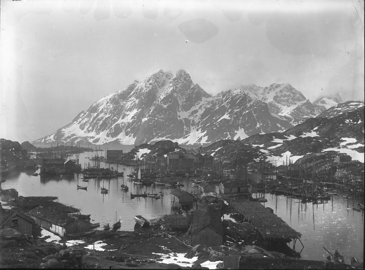 Fiskevær. Bygninger og fisk på hjell i forgrunnen.
