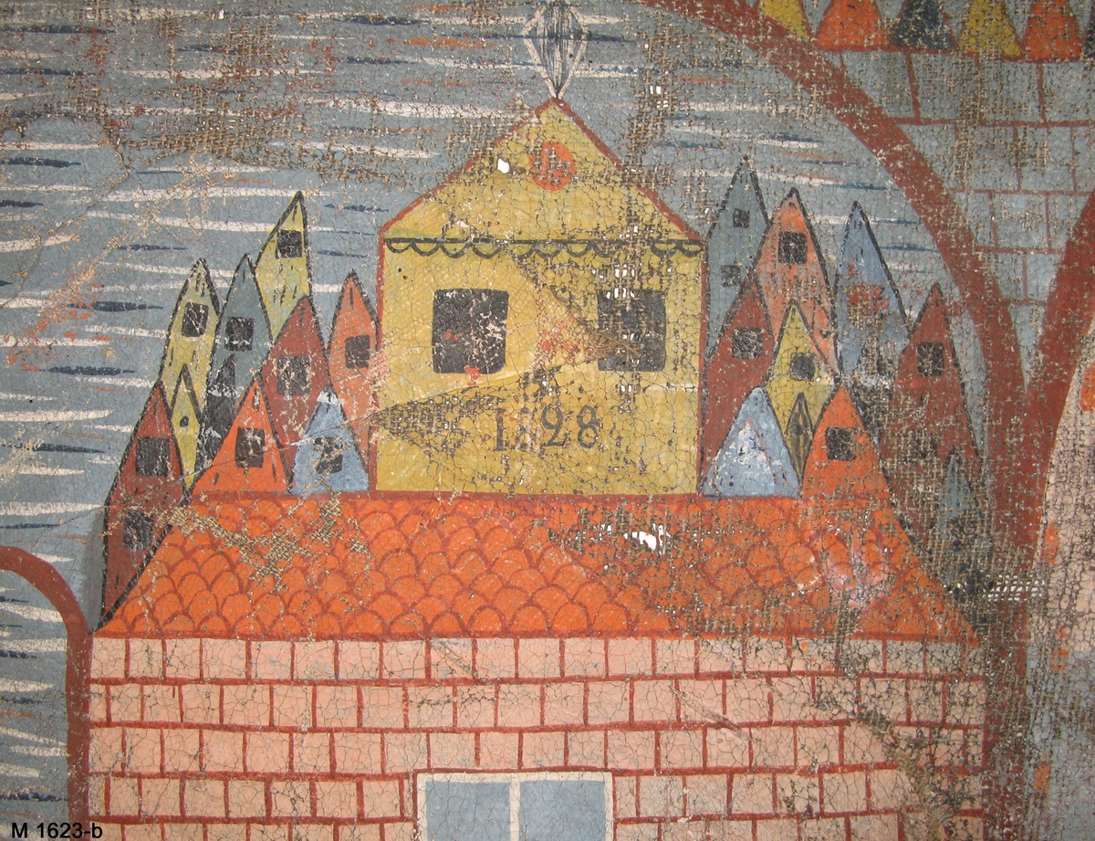 Bonadsmålning i tre delar enligt registerkortet, varav denna bl a föreställer Herodes mördar alla svenbarn, Grandet och bjälken, Christi inridande i Jerusalem. Målad 1828 av Sven Nilsson, Trane-Sven i Härnäs, Blekinge, i tempera - pigment, ägg och ev. mjöl (Nyström 2012:150-151) - på grövre tuskaftvävt linnetyg. Tyget är skarvad vertikalt av en mindre och en större del, med en gles grov söm emellan delarna.

Inskrivet i huvudkatalogen 1892-1900