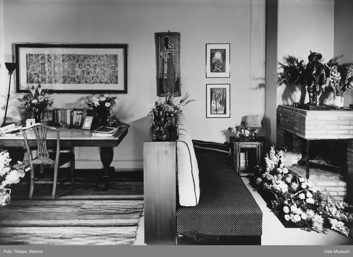 leilighet, interiør, kontor, skrivebord, sofa, peis