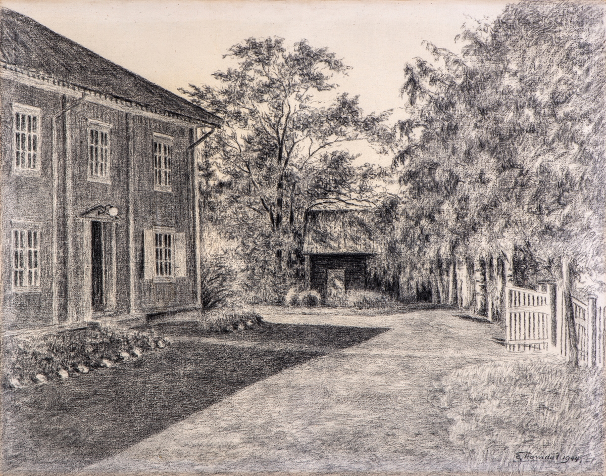 Ringsaker, gårdstun, Kunst, kullstift på lerret, av Even Framdal, 1944.