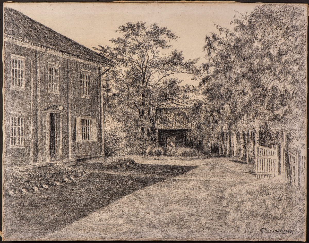 Kunst, Biledkunst, bilde, kullstift på lerret, gårdstun. Even Framdal, 1944.