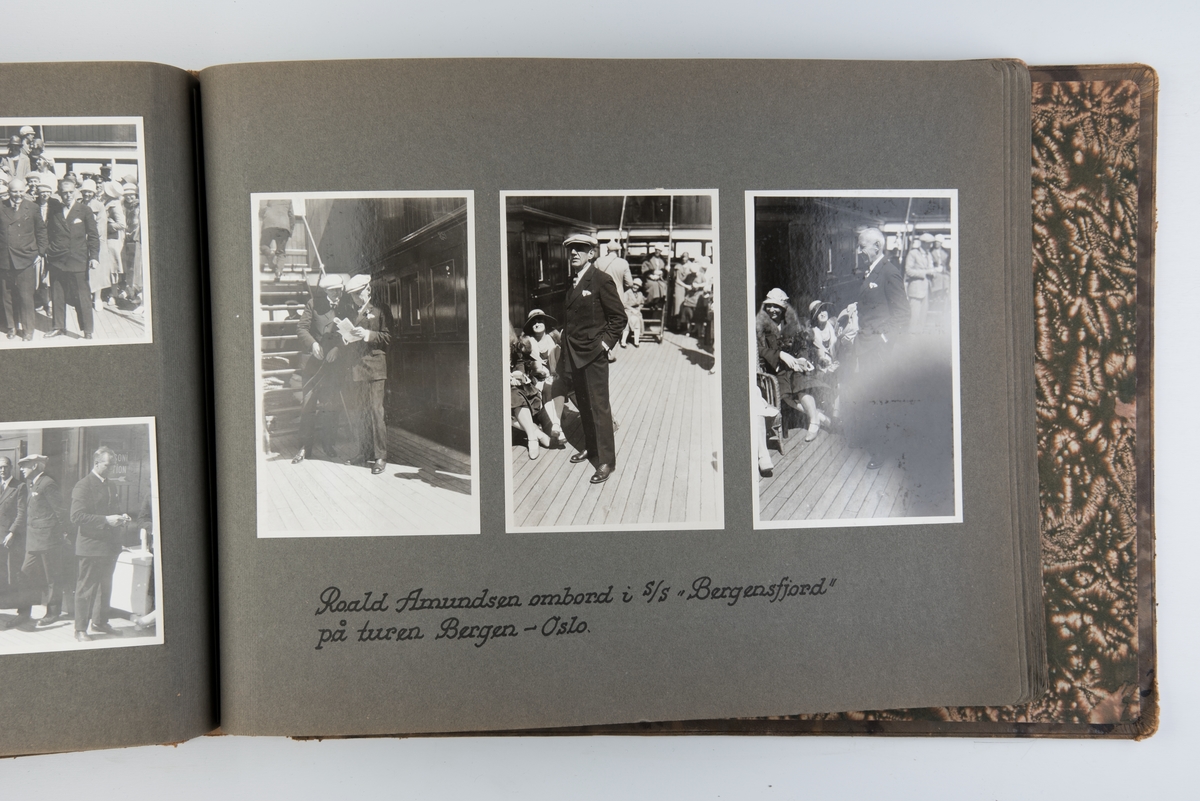 Fotoalbum med 210 fotografier fra Roald Amundsens liv og virke. Avbildede fartøyer: N.25 (flybåt), Norge (luftskip), Bergensfjord (skip), Mayfair (båt), Færder (dampbåt)