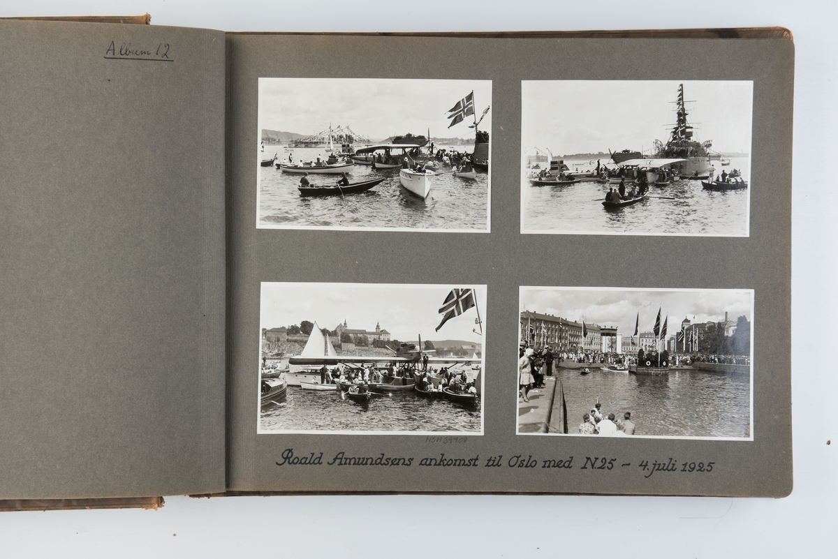 Fotoalbum med 210 fotografier fra Roald Amundsens liv og virke. Avbildede fartøyer: N.25 (flybåt), Norge (luftskip), Bergensfjord (skip), Mayfair (båt), Færder (dampbåt)