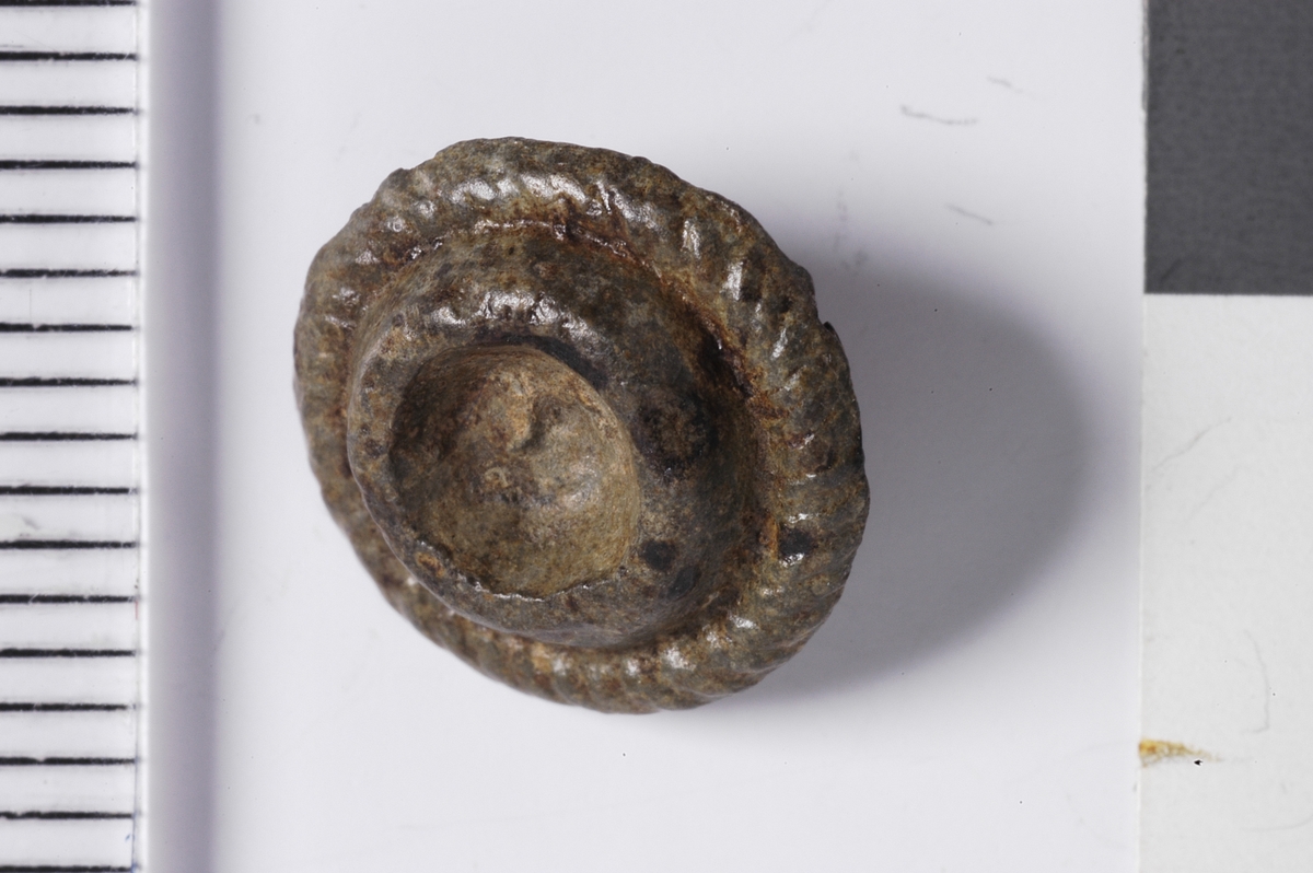 Liten, sirkulær pyntenagle med en enkel nagle på baksiden. Naglen har dekor av et metallbånd med strekdekor langs kanten som imiterer et tvunnet bånd. I midten av naglen sees en forhøyet ring med en fordypning i midten.
