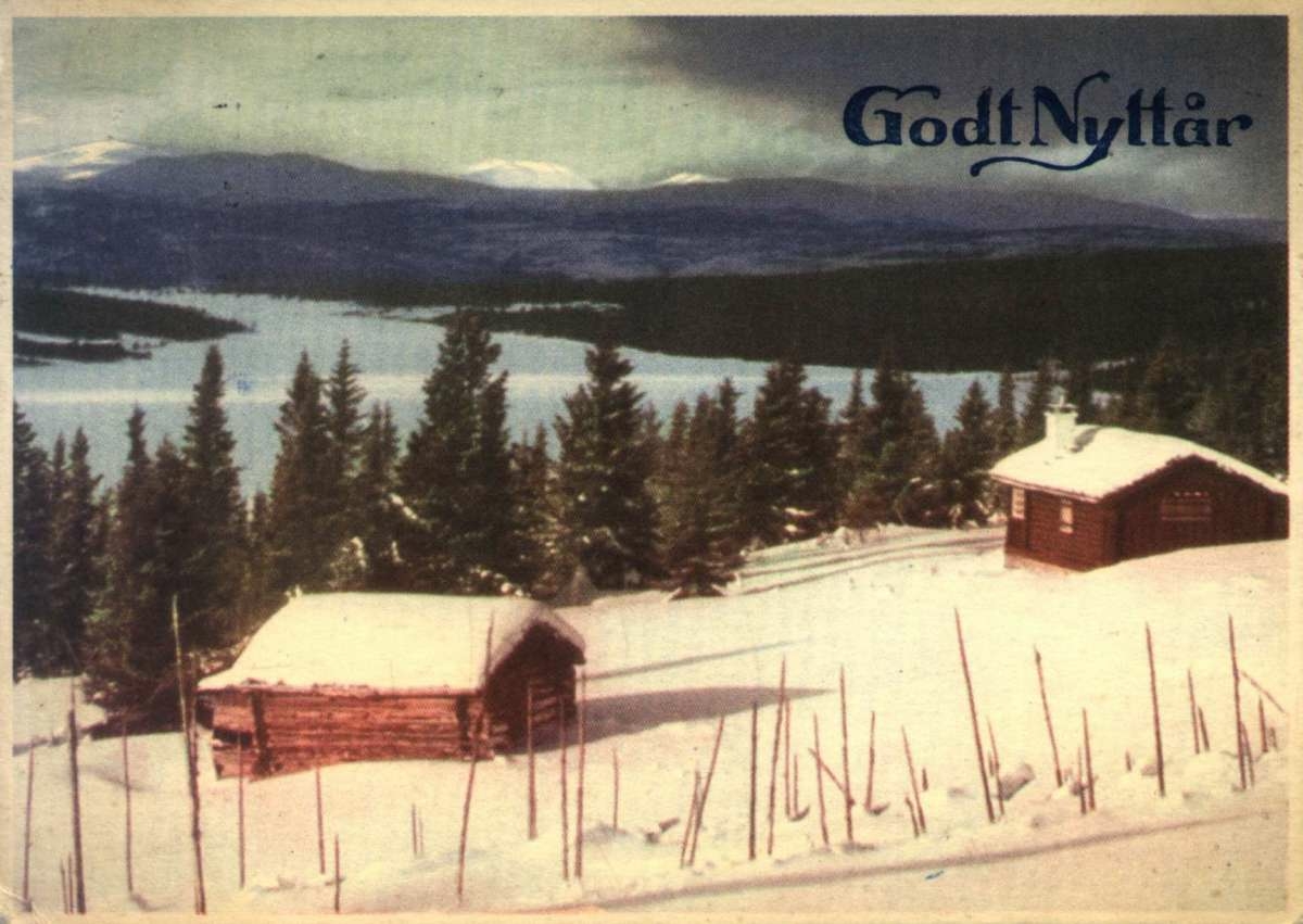 Postkort. Nyttårskort. Fotografisk motiv. Farger. Vinter i Norge. Landskap. Utsikt over Golåvatnet. Hytte i forgrunnen. Stemplet 26.12.1945.