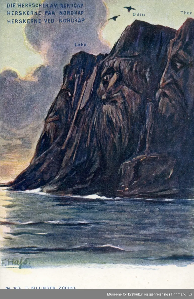 Fantasi-Postkort. Nordkappklippen omgjørt til figurer fra den norrøne mytologien: Loke, Odin og Tor. Før 1904.