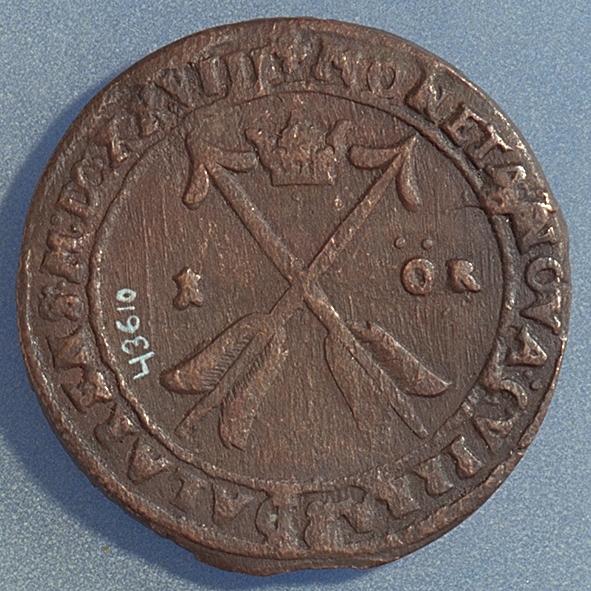 1 öre
Runt mynt.
Åtsidan: mitt på myntet det svenska riksvapnet, svagt och delvis synligt.
Omskriften, med Gustav Adolfs titlar på latin, är till största delen oläslig fullt läslig.
Ocentrerad prägling.
Frånsidan: två korsade pilar under en krona, svagt delvis synliga.
Till vänster höger om pilarna siffran 1, till höger versalerna ÖR, svagt delvis synliga. Omskriften på latin, med bland annat präglingsåret 1628, är till största delen delvis läslig delvis oläslig.
Ocentrerad prägling.
Nuvarande skick: bägge sidor slitna.  åtsidan sliten  frånsidan sliten.   jack  valsklump   korroderat   krackelerat
Vikt: 27,1 gram.