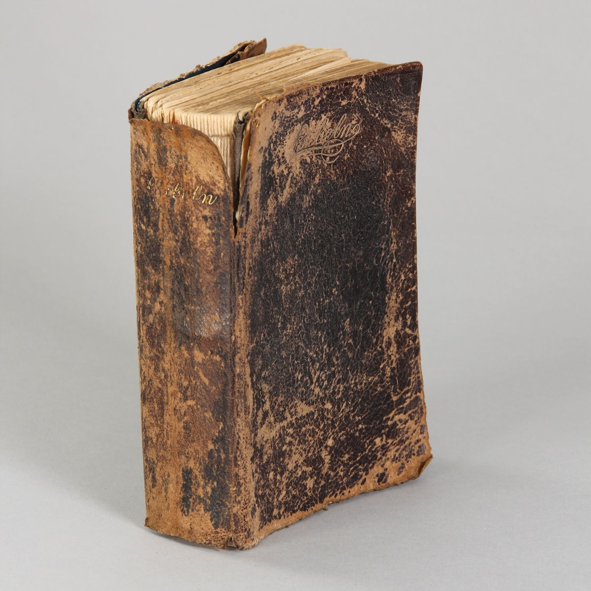 Bibel, inbunden, med mjuka pärmar av brunt skinn. Titel på framsidan i guldtryck. Titel: Bibeln eller den heliga skrift innehållande gamla och nya testamentets kanoniska böcker. Satt med frakturstil. Utgiven av Evangeliska traktatsällskapets förlag i i Stockholm. Tryckt av Ballantyne, Hanson & Co i Edinburgh, Skottland. På första uppslaget skrivet med svart bläck: Alma Nelson julen 1898. På samma sida finns andra texter i blyerts samt en bokmärkesängel. Pärmens insidor är av mörkblått papper.