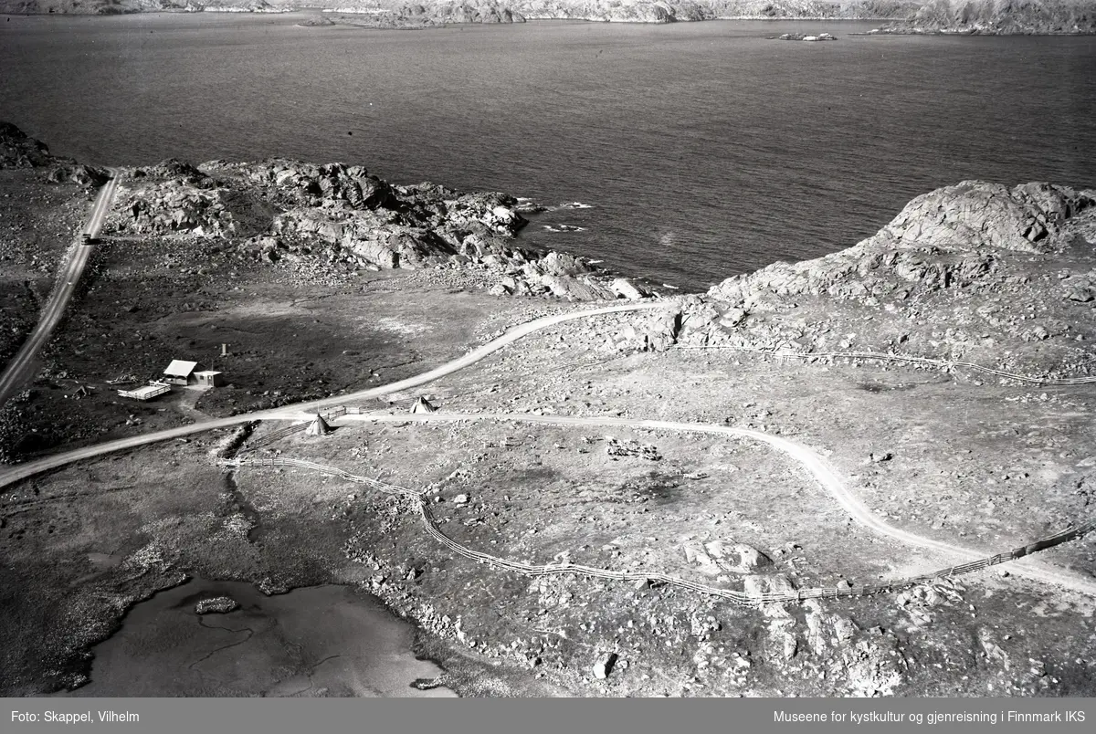 Flyfoto. Nordmannset. I veikrysset cafeen til Marie Thomassen. I midten to lavvoer i et inngjerdet område med reinsdyr. 31.07.1952.